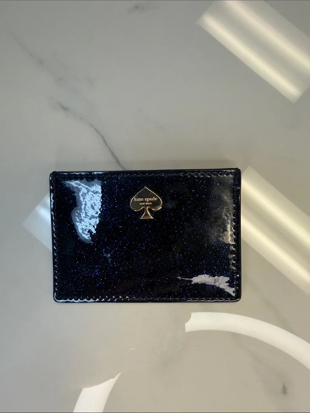 kate spade Navy Glitter Patent Card Holder with Gold Spade Logo